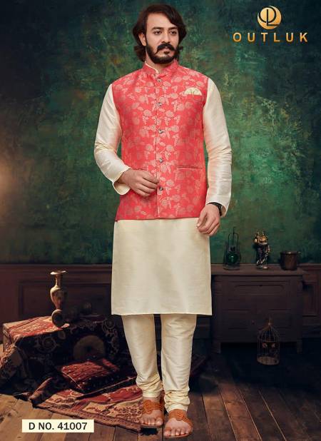 Off White Colour Latest Design Festive Wear Art Silk Jacquard Print Kurta Pajama With Jacket Mens Collection 41007